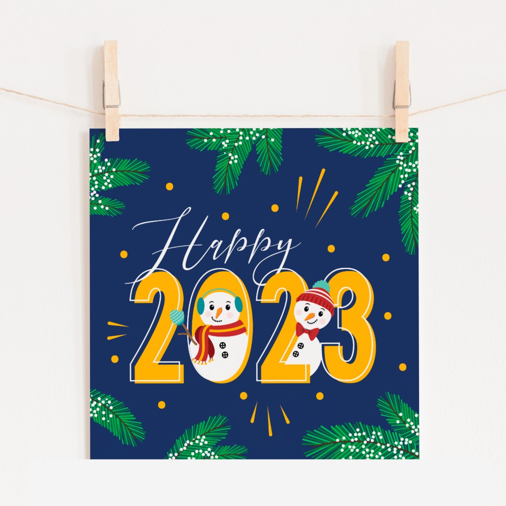 FEEST nieuwjaar happy newyear kaartje happy 2023 sneeuwpop ontwerp door lindy kaartje2go