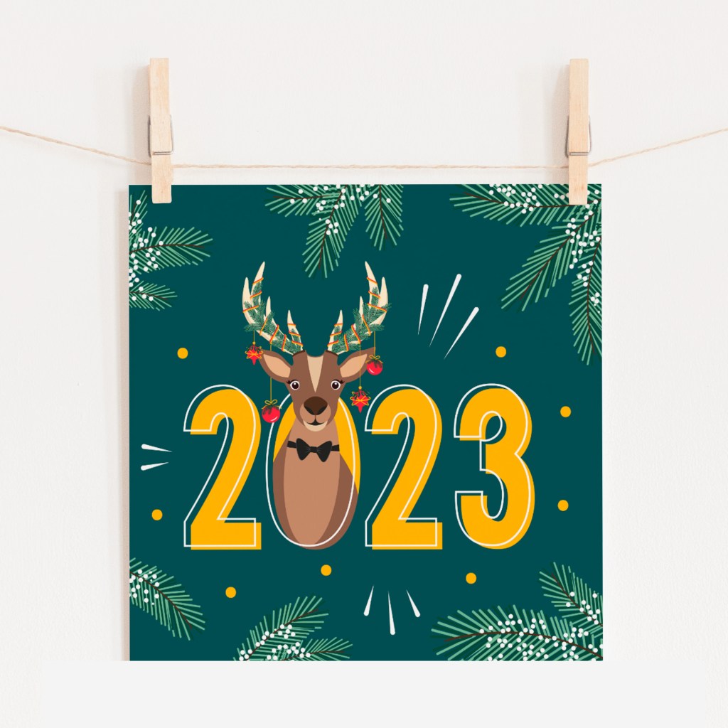 FEEST nieuwjaar happy newyear kaartje happy 2023 rudolf ontwerp door lindy kaartje2go