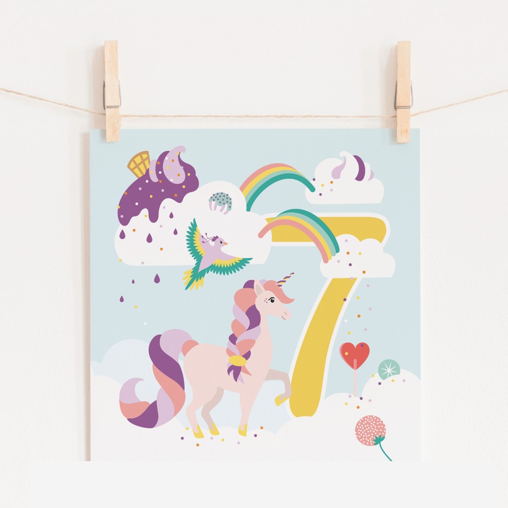 verjaardagskaartje felicitatie kaartje meisje 7 jaar eenhoorn ontwerp door lindy kaartje2go