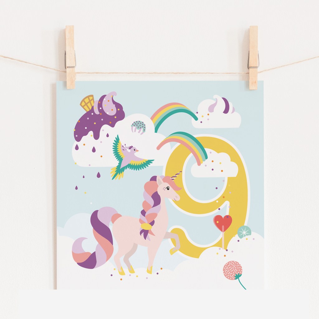 verjaardagskaartje felicitatie kaartje meisje 9 jaar eenhoorn ontwerp door lindy kaartje2go