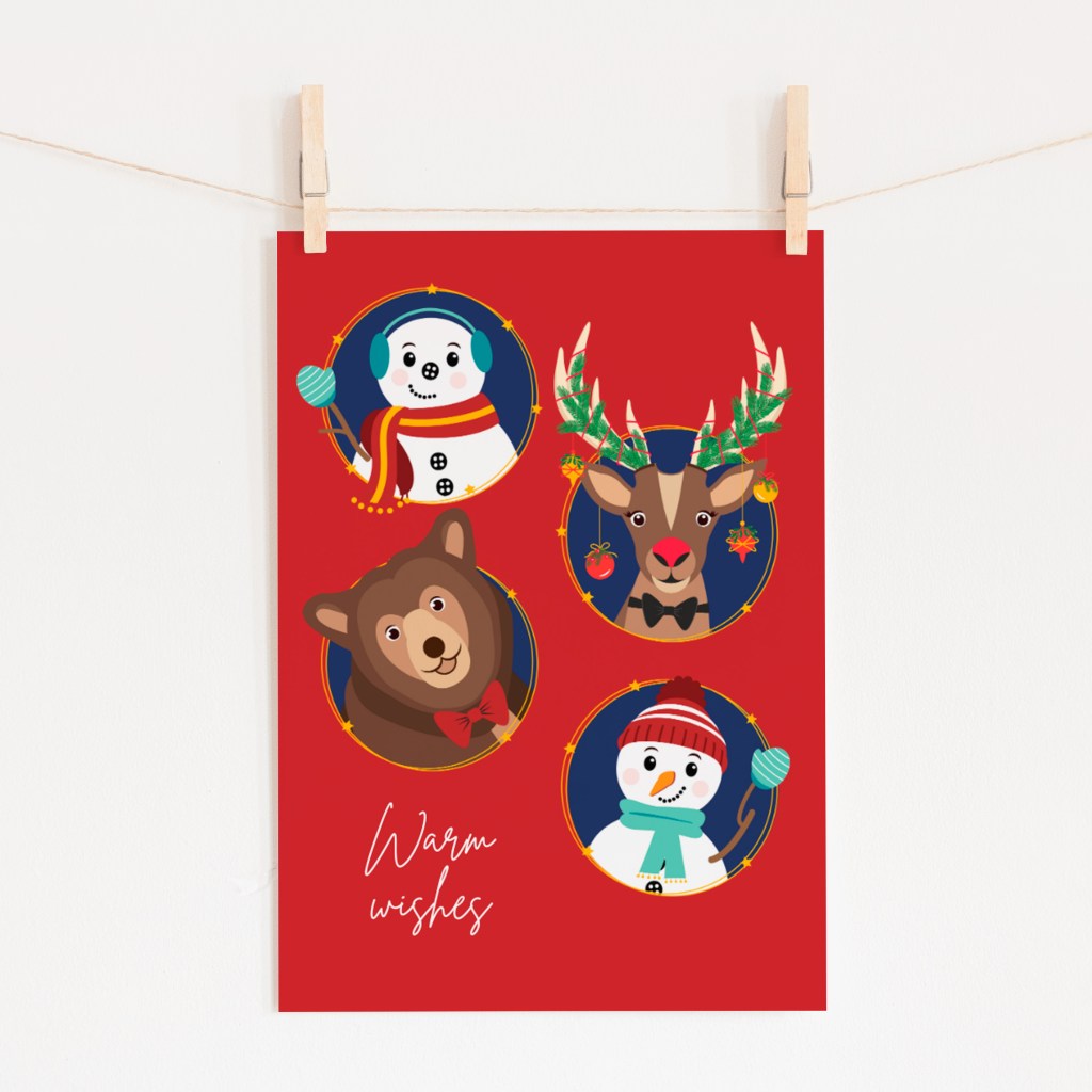 FEEST kerstkaartje rudolf sneeuwpop beer rood ontwerp door lindy k2g